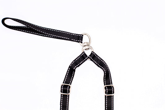 Black reflective double dog leash, second view