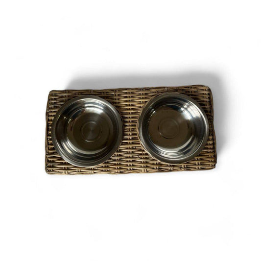 Double stainless steel pet bowls in rattan holder