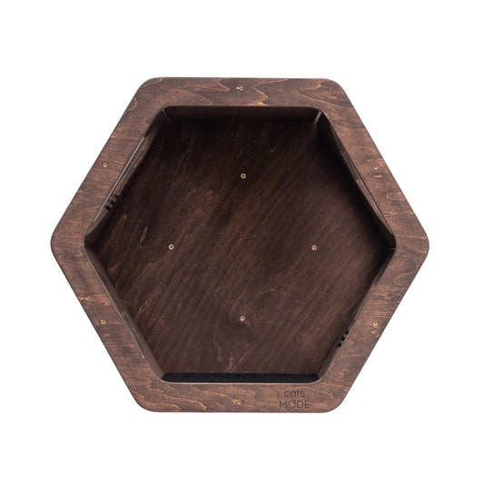 Dark walnut hexagon cat shelf with felt-lined perch