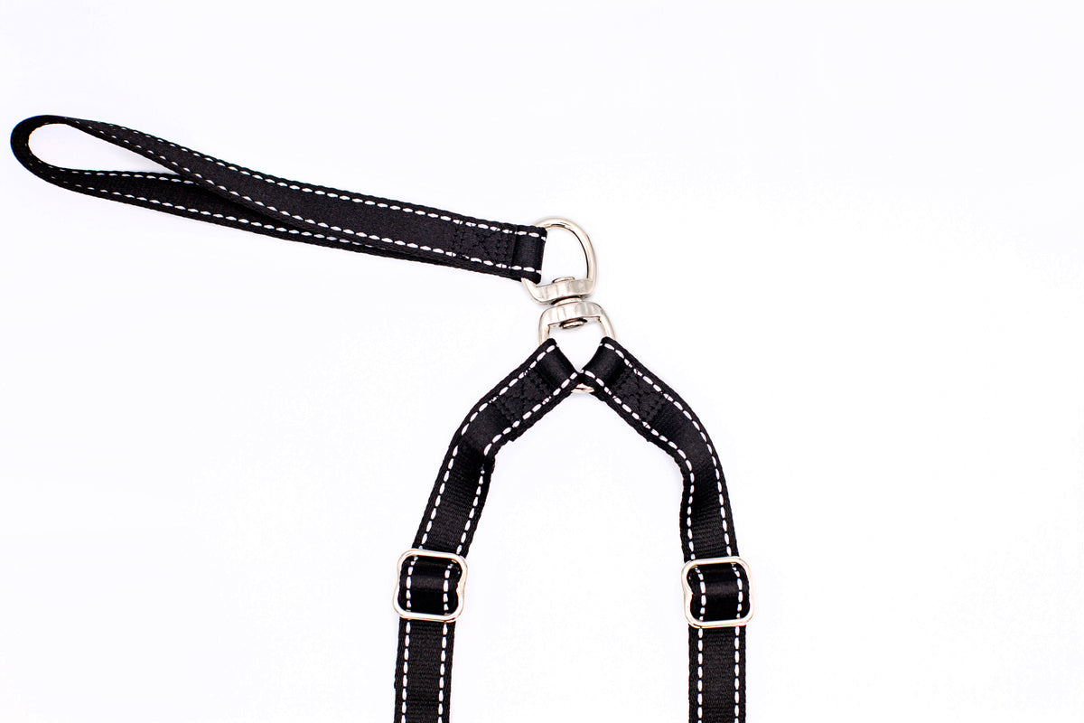 Black reflective double dog leash, second view