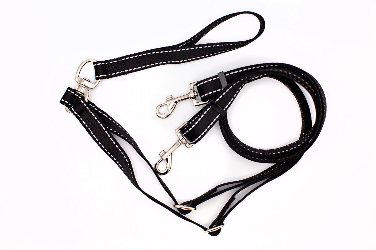 Black reflective adjustable double dog leash