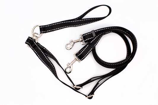 Black reflective adjustable double dog leash
