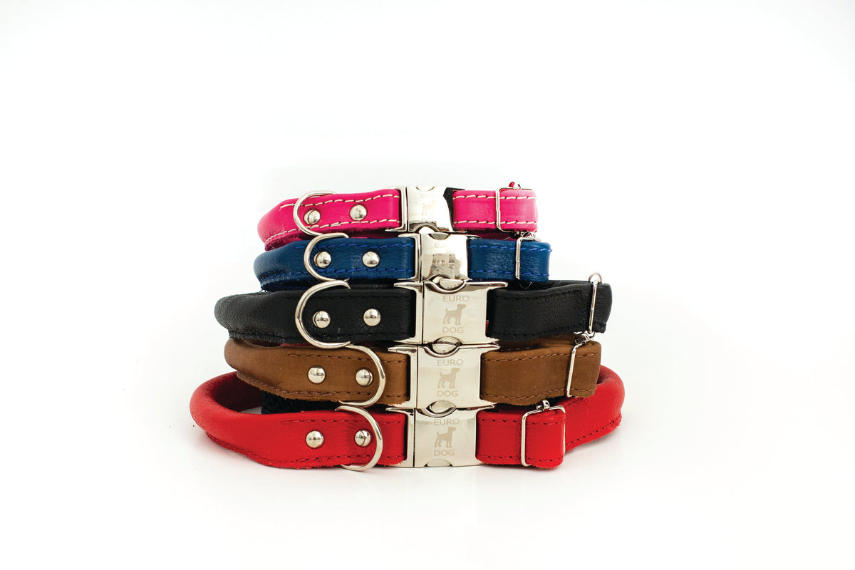 Rolled leather quick-release dog collars, colour range