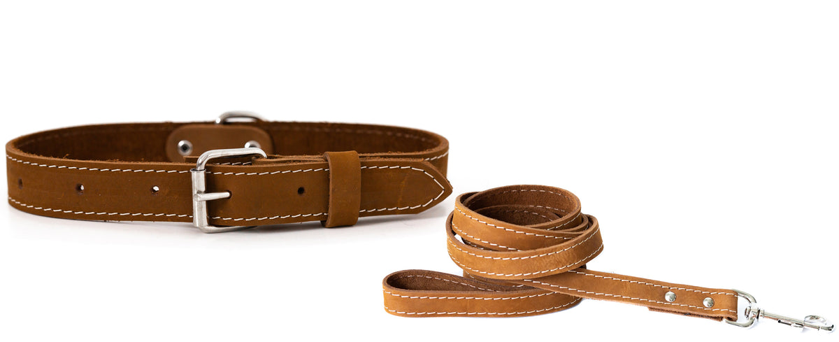 Soft bark brown leather collar and leash set