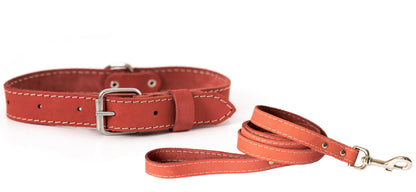 Soft coral leather collar and leash set