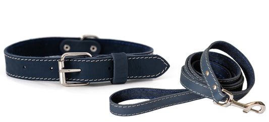 Soft navy leather collar and leash set
