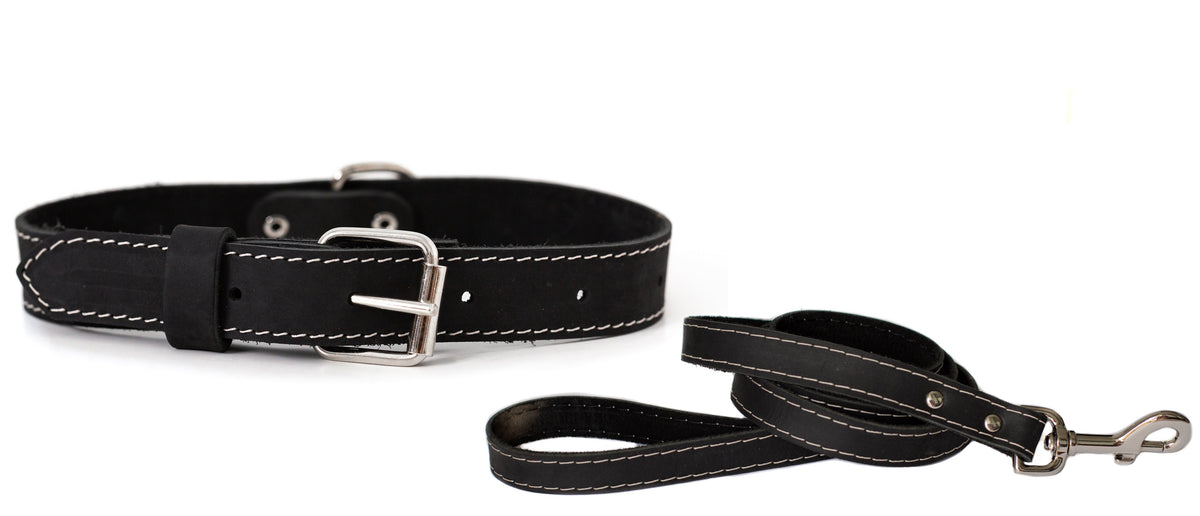 Soft black leather collar and leash set
