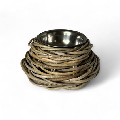 Large rattan pet bowl with stainless steel insert