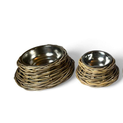 Rattan pet bowl side view