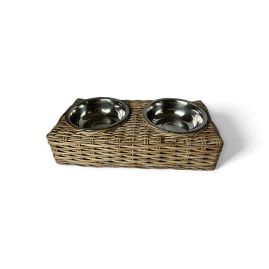 Rattan double pet bowl with stainless steel bowls