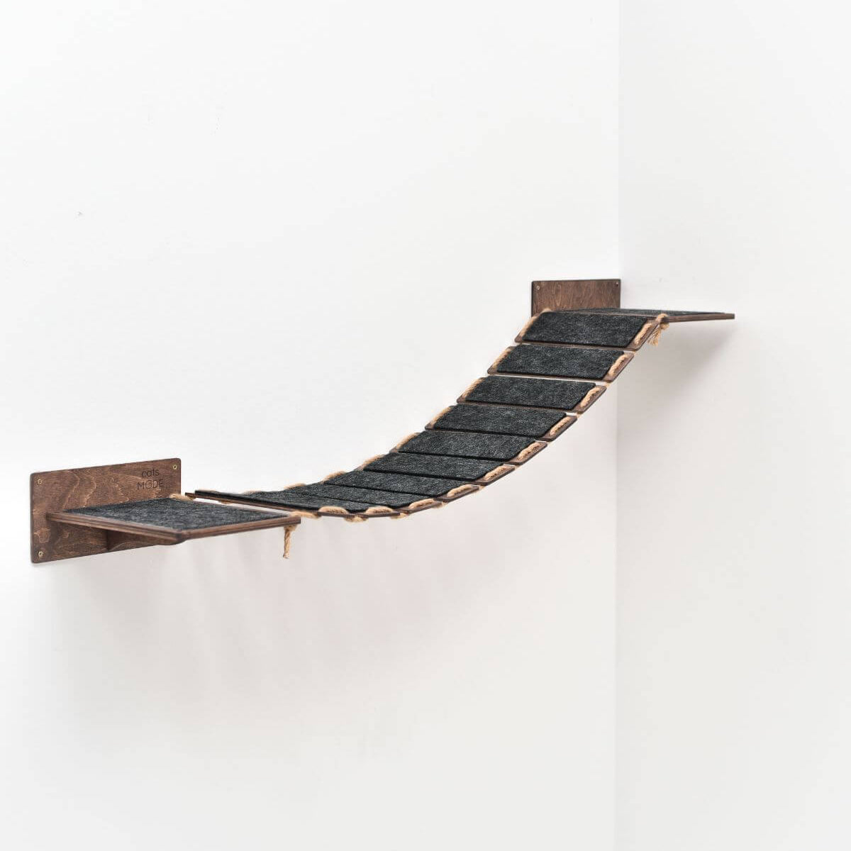Dark walnut wooden cat bridge with felt-covered steps