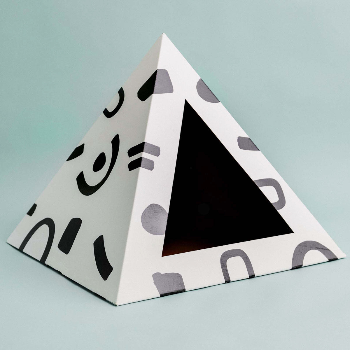Doodle cardboard cat pyramid, third view