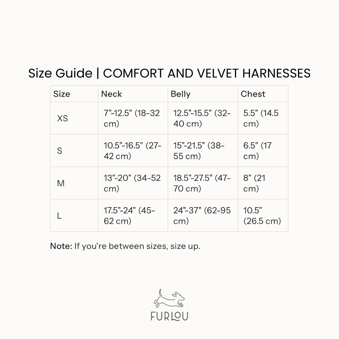 Comfort and velvet harness size chart