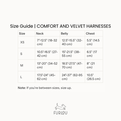 Comfort and velvet harness size chart