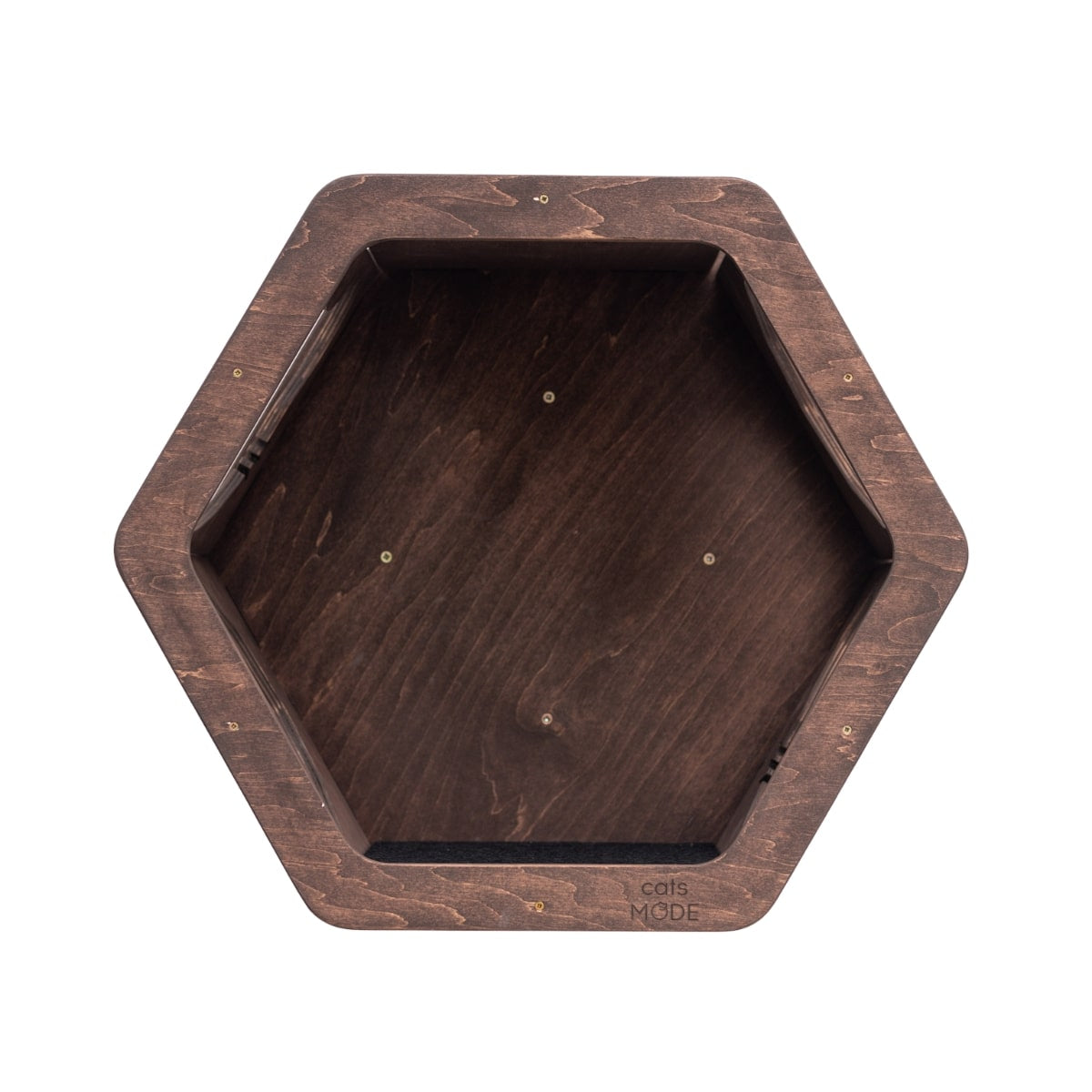 Dark walnut hexagon cat shelf with felt-lined perch