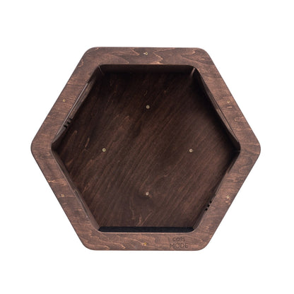 Dark walnut hexagon cat shelf with felt-lined perch