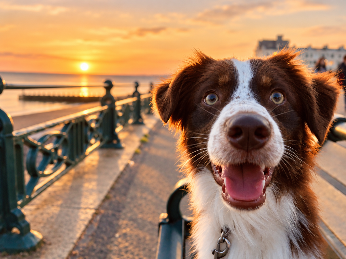 Cajou on a seaside promenade at golden hour